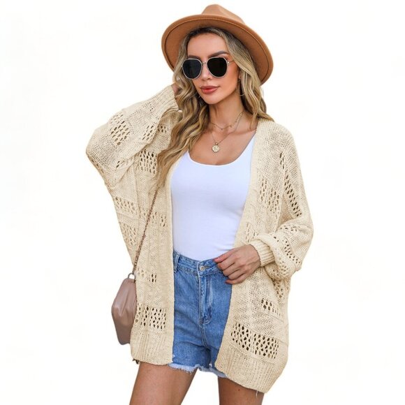 Cream Casual Hollowed Knit Dolman Sleeve Cardigan - Picture 6 of 11